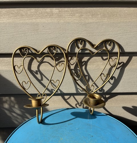 Vintage Heart Gold Tone Metal Taper Candlestick Wall Sconces Cottagecore 8"