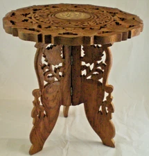 Vintage Hand Carved Wood Tripod Plant Stand Table w/ Floral  Inlay