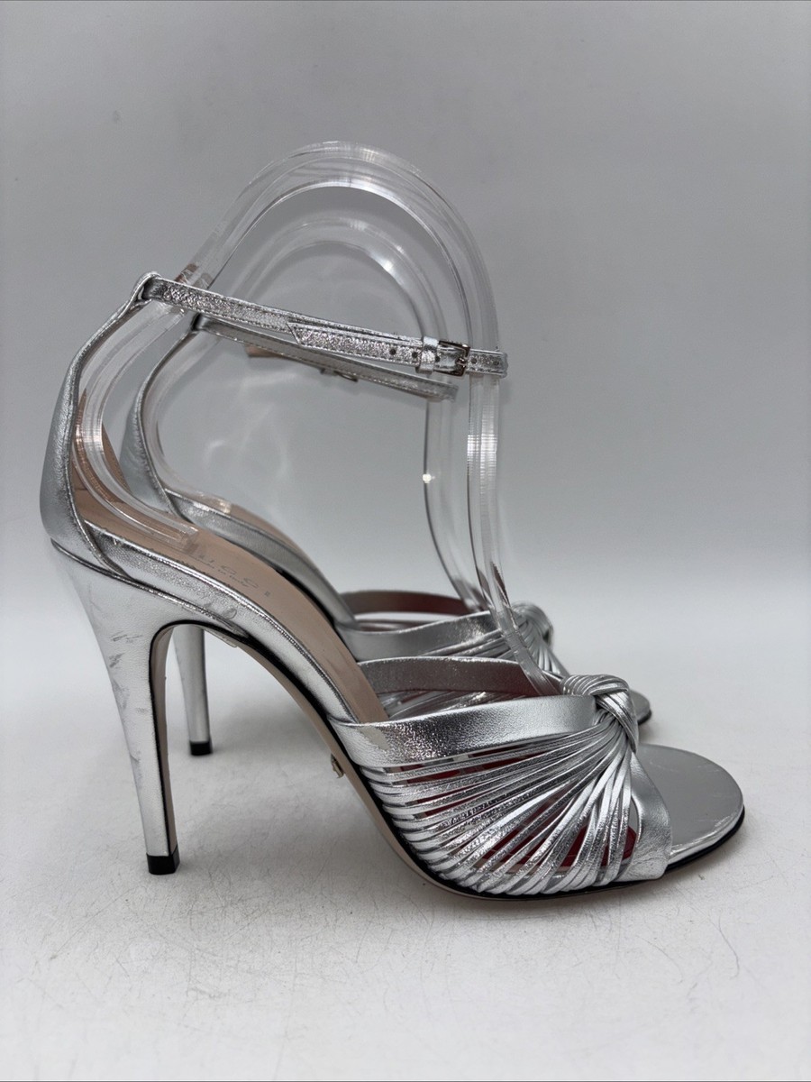Gucci Women’s Crawford Metallic Leather Sandals Silver Size 38