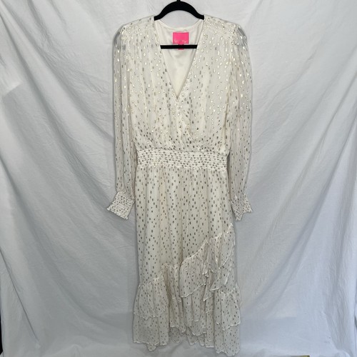 Lilly Pulitzer Cristiana Midi Dress Sz 14 Coconut Metallic Ivory Gold Tiered EUC - Picture 7 of 18