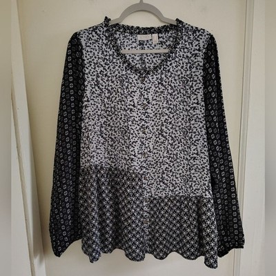 LOGO Lori Goldstein Mixed Media Boho Flowy Oversized Peasant Tunic Top Large