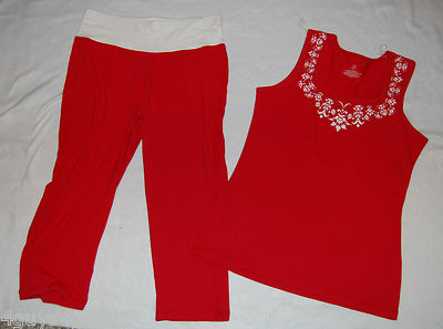 Womens Active Sportswear TANK TOP Capri Pants RED WHITE S 4-6 M 8-10 L 12-14
