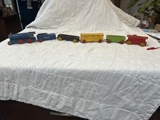 Vintage Red  Green Wooden Train Set - Engine, 2 Cars,  Caboose