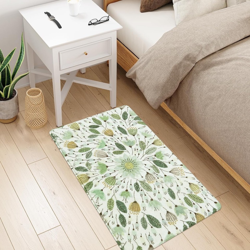 Low Pile Washable Door Mat Green Floral Bathroom Rug with Rubber
