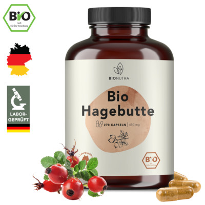 BIONUTRA  Hagebutten Kapseln Bio (270 x 650 mg), hochdosiert, Made in DE