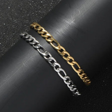 Gold Plated Stainless Steel Figaro Chain Bracelet 5mm Unisex Hip Hop Jewelry Men
