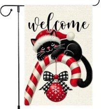 Winter Garden Flag 12x18 Inch Welcome Double Sided Burlap, Black Cat Candy