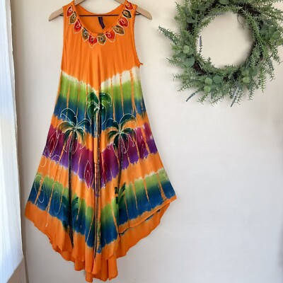 Women's Tie Dye Dress Palm Tree Tropical Orange Green Purple Blue  Sleeveless OS | eBay