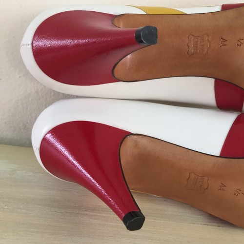BRUNO MAGLI - Vtg White, Red, Yellow Peep Toe Pumps, Italian Made, Womens 7.5 A - Picture 11 of 12