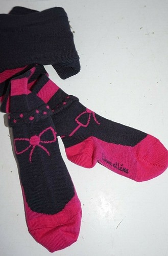 Eliane Et Lena Tights Navy Blue Pink Bow Striped Tights Girls Sz 23/24 2 Years - Picture 2 of 3