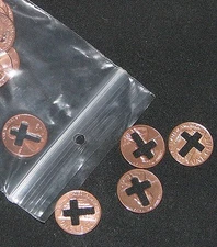 cross cut pennies, 50 pennies with a cross cut out of them