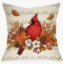 Cardinal Fall Leaves Pumpkin Throw Pillow Cover Winter Holiday Home Decor 18”