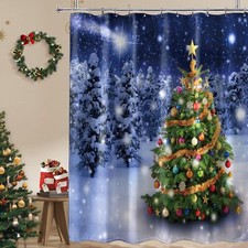 Christmas Shower Curtain Blue Winter Forest Snowfall Landscape Shower Curtain...