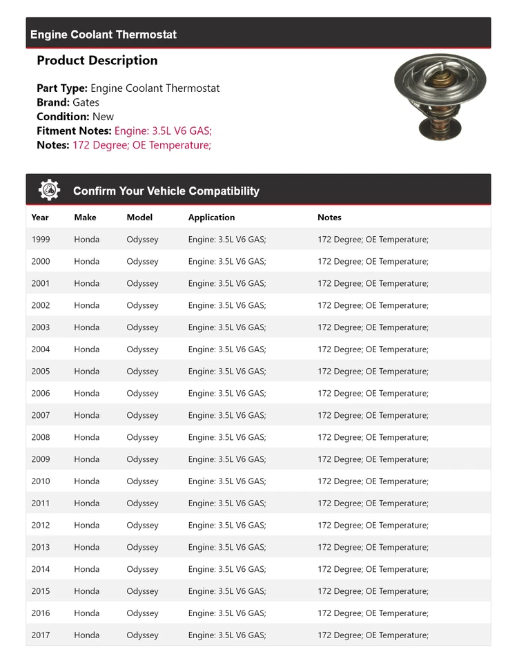 Para Honda Odyssey 1999-2017 3,5 L V6 motor gas refrigerante termostato puertas 2000 Foto 2 de 4