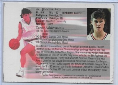 1992 CLASSIC WORLD CLASS ATHLETES JENNIFER AZZI AUTOGRAPH CARD #47