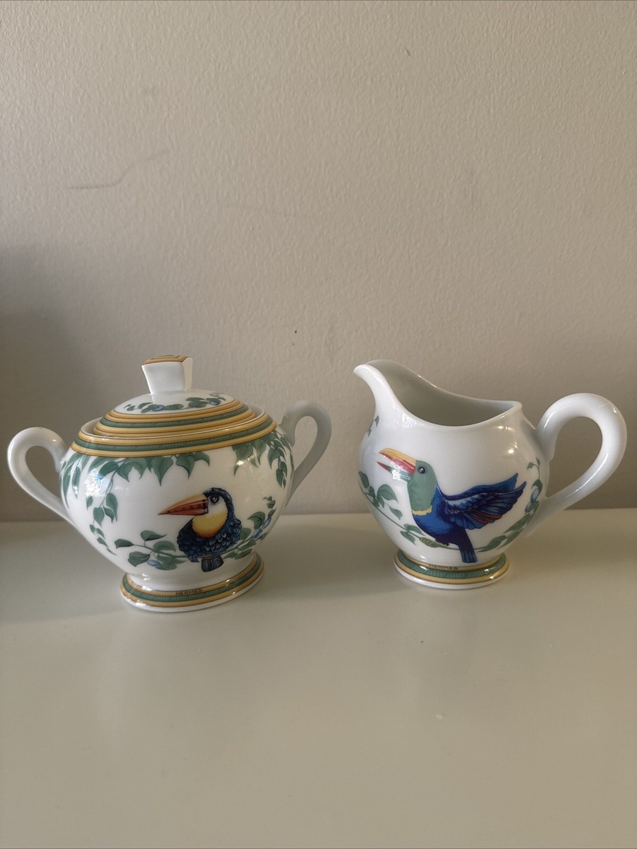 Hermes Limoges Porcelain Toucans Sugar Bowl With Lid And Creamer