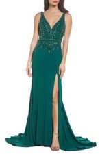 MAC DUGGAL 50484R Emerald Beaded Stretch Jersey High Slit Maxi Gown w/Train 8 M