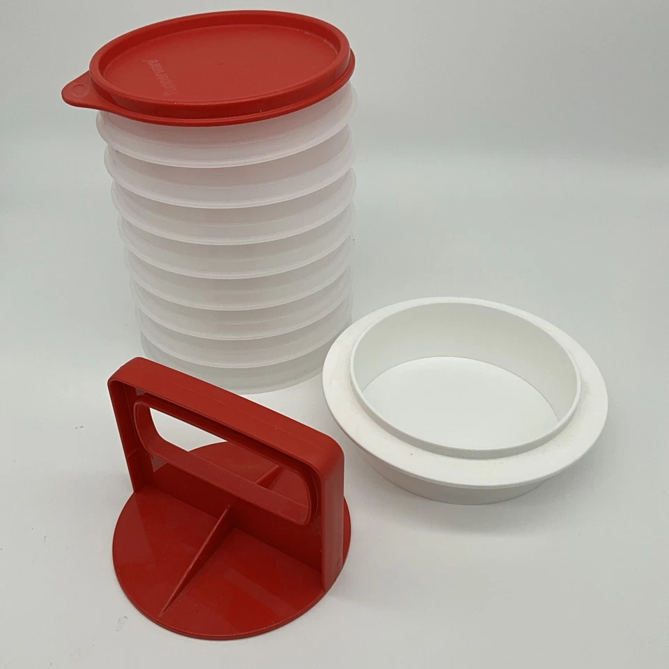 Tupperware Hamburger Press Patty Maker with 8 Freezer Keepers One Lid Red White - Image 2 of 4