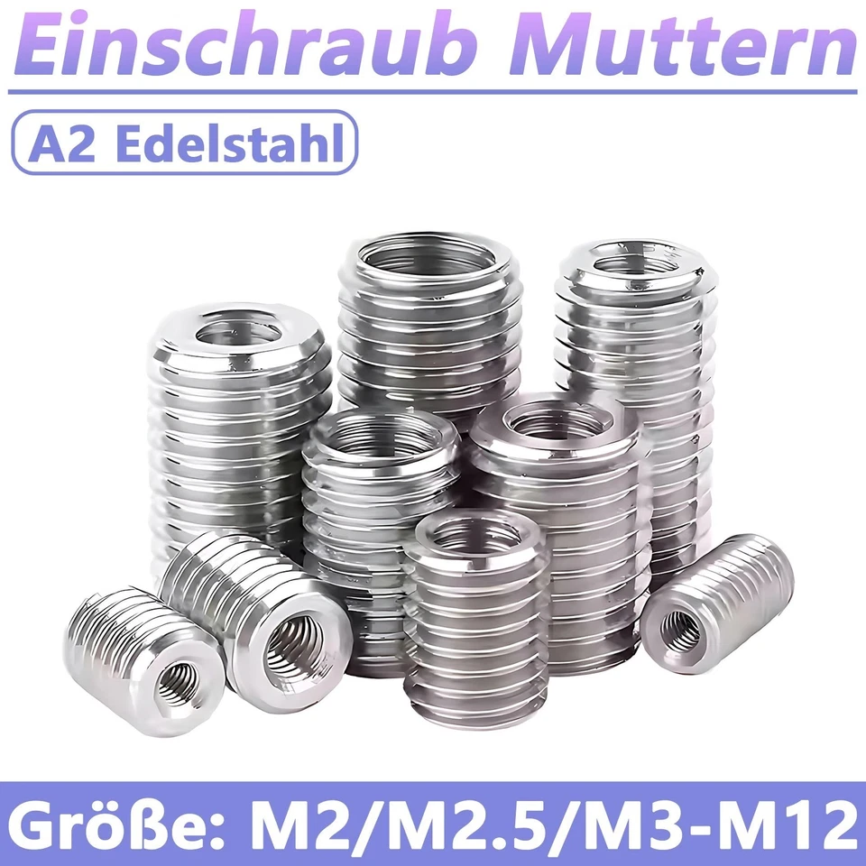 A2 Edelstahl M2-M12 Einschraubmuttern Gewindemuffe Gewindeadapter Gewindeeinsatz