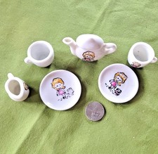 Miniature Doll House Ceramic Tea Set Girl and Dog Made in Japan 7 Pieces