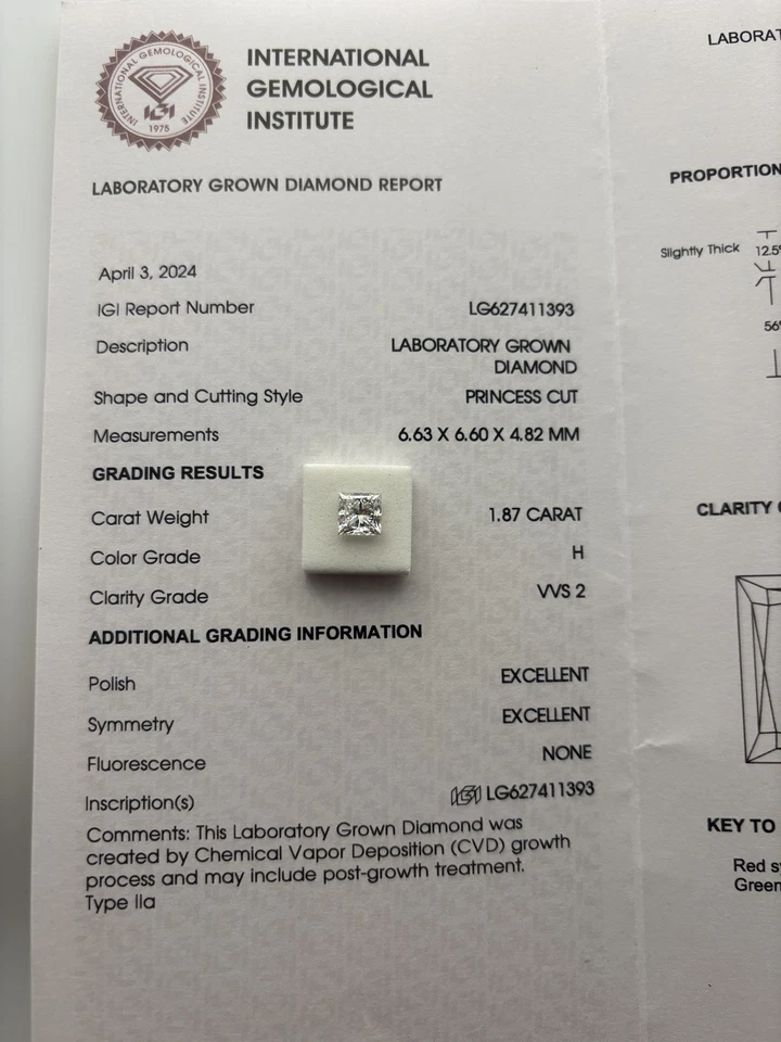 1.87ct VVS2 H Princess Cut Diamond, IGI Certified Diamond, CVD Lab Grown Diamond - Image 3 of 3