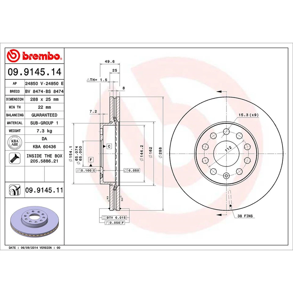Se adapta a rotores de freno delanteros y pastillas de freno de cerámica para Volkswagen Jetta 2005-2014 - Brembo Foto 4 de 4