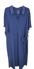 Nine West Woman's Blue Short Sleeve Faux Wrap Midi Dress Size 2X New with Tags