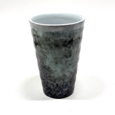 Daiso Japan Sake Beverage Ceramic Stoneware Cup Light Blue Black Embossed