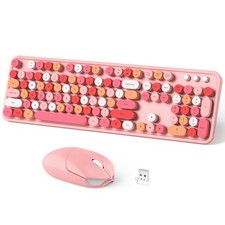 Wireless Keyboard Mouse Combo 104 Keys Full Sized 2.4 GHz Pink Round Cap