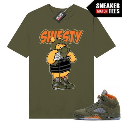 Olive Green Retro 5 Shirt to Match- Flexing Cartoon - Sneaker Match Tees