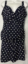 Lands End SZ 12P Blue Polka Dot Tummy Contrl 2 piece Swimsuit Top & Bottom/Skirt