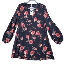 NWT New Womens Medium 100% Polyester Floral V Neck Long Slit Sleeve Mini Dress 
