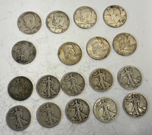 Mixed 1902-1964 90% Silver Franklin/Barber/Kennedy/ Walking Half Dollars-x 18