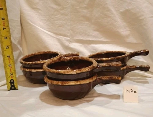 6 Hull Oven Proof USA Pottery Brown Drip Glazed Chili / Soup Bowls with Handles.