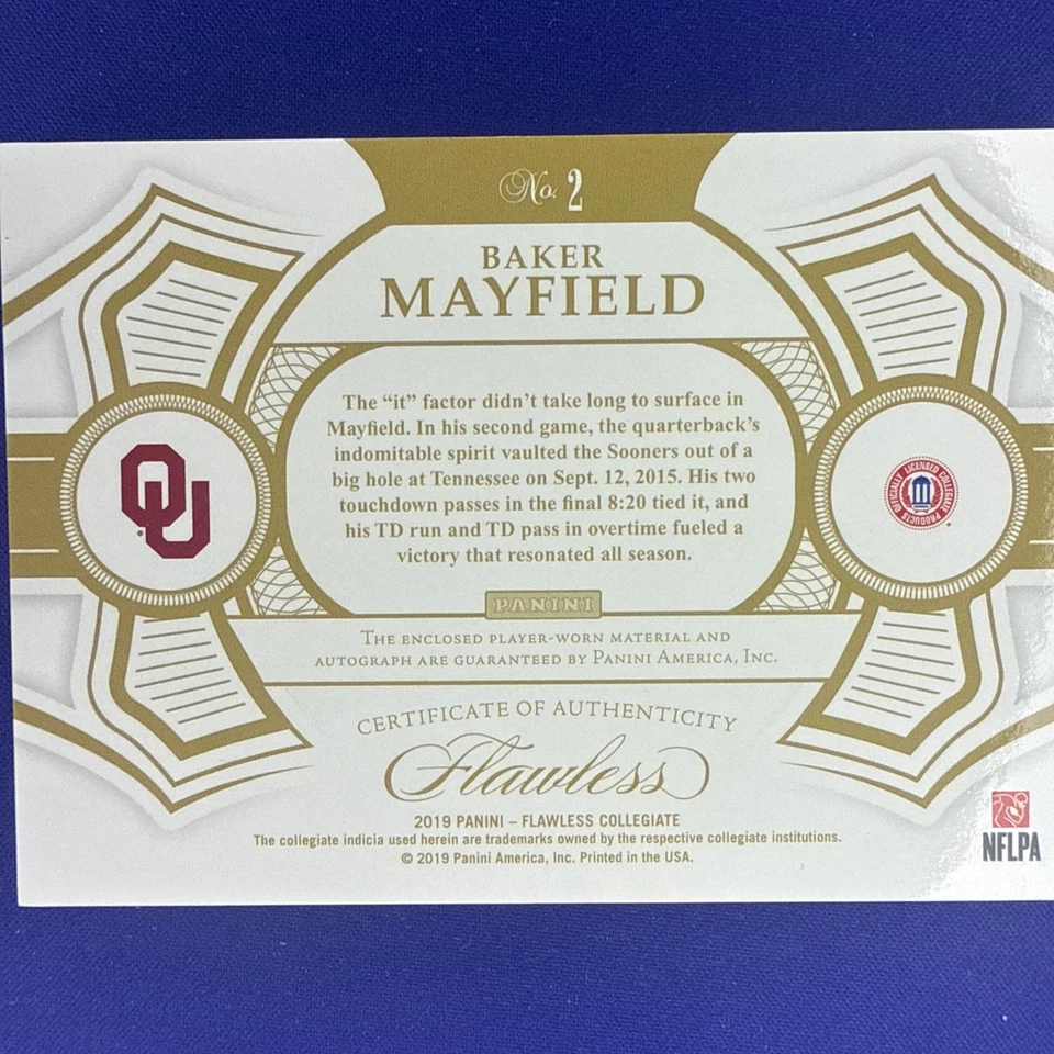  2019  PANINI FLAWLESS COLLEGIATE  BAKER MAYFIELD SIGNED AUTO PATCH CARD  /10   - Image 2 of 3