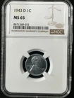 1943-D 1C  Lincoln Wheat One Cent NGC MS65    8671268-072