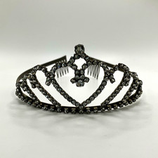 Vintage Silver Heart Tiara, Clear Rhinestone w/ Side Combs Metal Hair Accessory