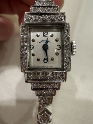 Vintage Art Deco Hamilton Ladies 14k White Gold Watch w/ Diamond Accents...