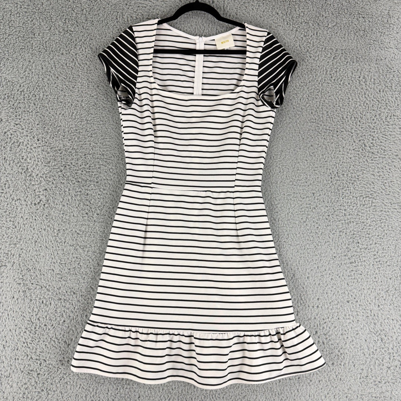 Maeve Anthropologie Fit Flare Dress Womens Medium Black White Striped Ruffle