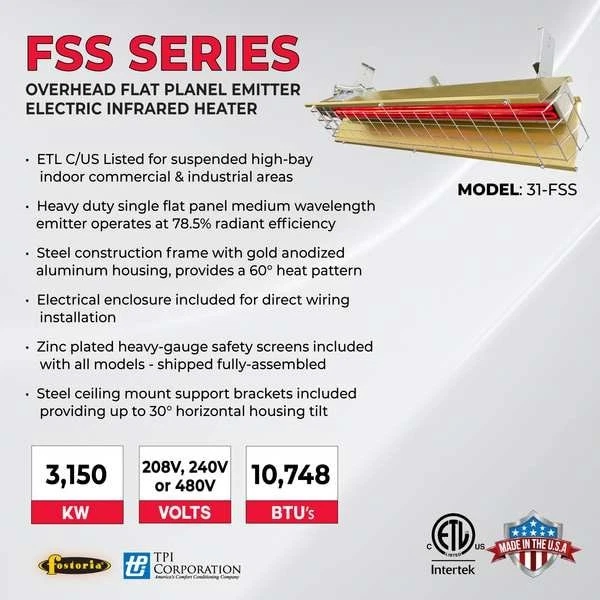 Calentador eléctrico aéreo infrarrojo Fostoria H31-Fss-1, 1 fase, aluminio, 240 V CA Foto 2 de 3