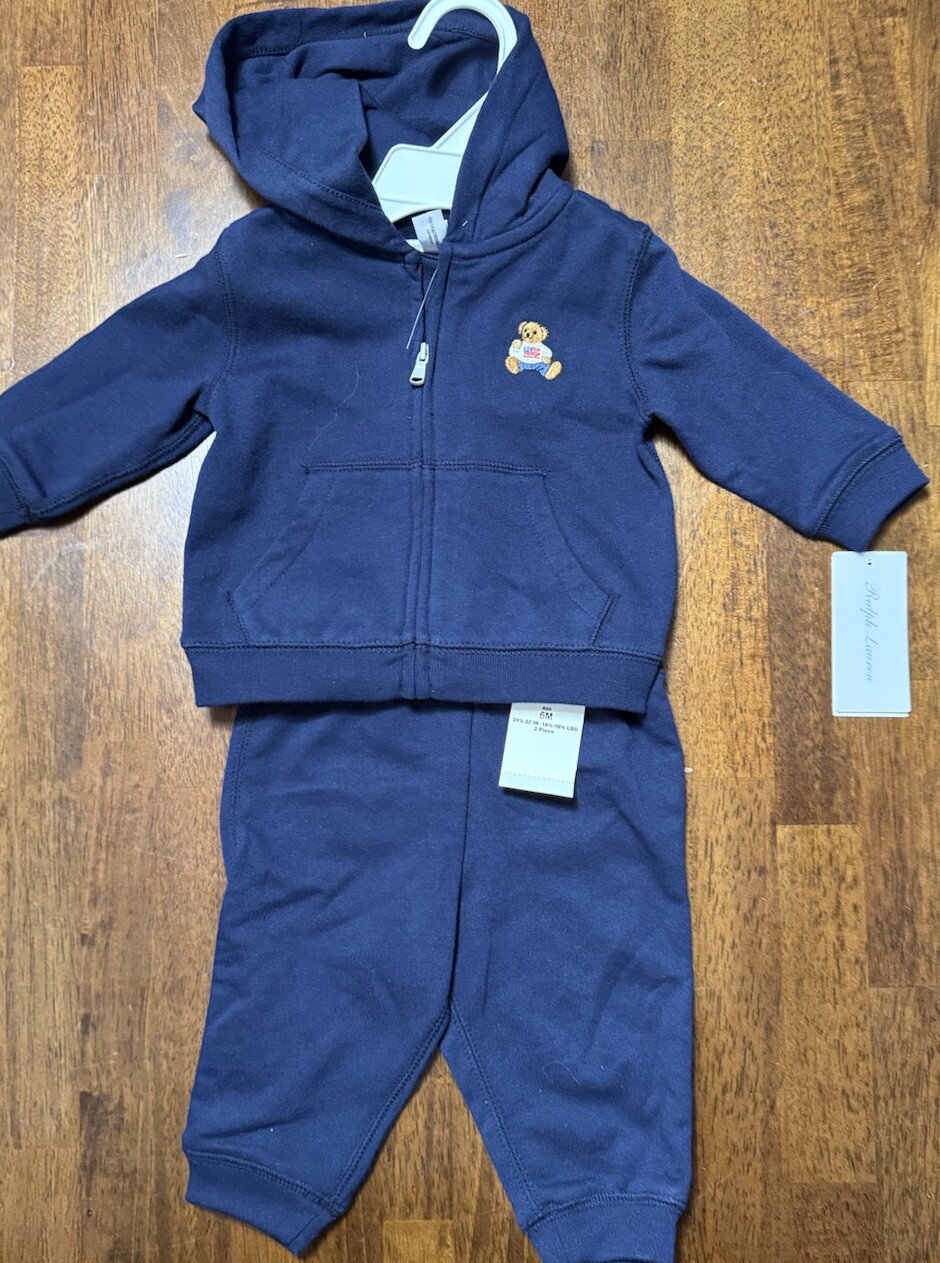 NEW NWT Ralph Lauren Polo Bear Navy Blue Sweat Suit Hoodie & Pants 6 Months $65