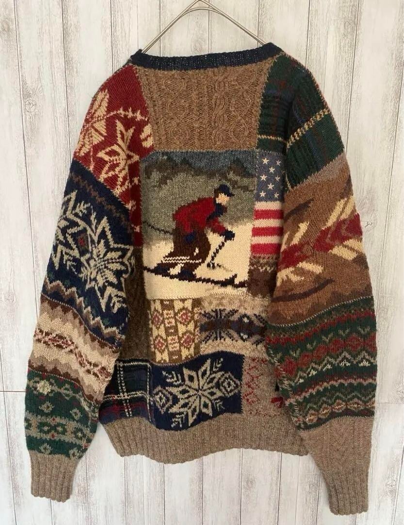 Polo Ralph Lauren Ski Hand Knit Sweater Patchwork Size L 90s Rare 
