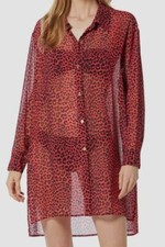 Michael Kors Womens Red Animal-Print Sheer Cover-Up Shirt Swimwear Size M
