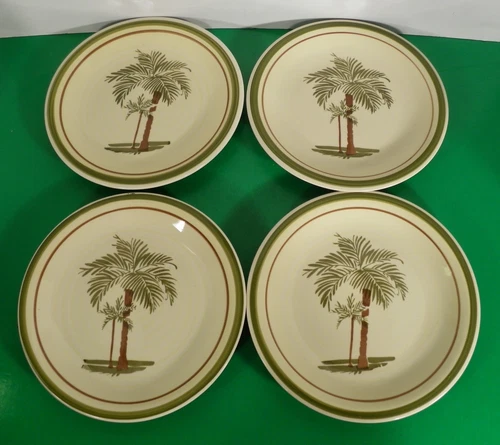 Gibson Designs PALM BAY Salad Plate (s) LOT OF 4 Tree Green Brown Bands