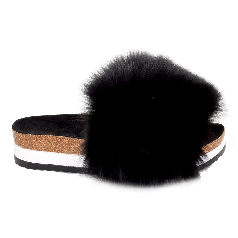 SAOLA Pantofole con suola alta in pelliccia di volpe nera con sandali slip on in pelliccia