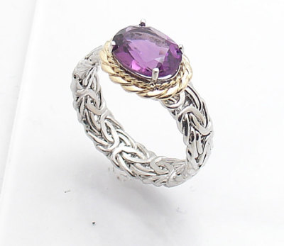 Gr. 8 natürlicher Amethyst Edelstein byzantinischer Ring 14K Gelbgold Sterlingsilber