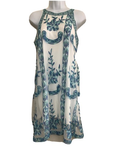 Sexy Vestido Altar’d State Talla XS Bordado Tul Transparente Azul Verde Espalda Abierta - Imagen 13 de 24