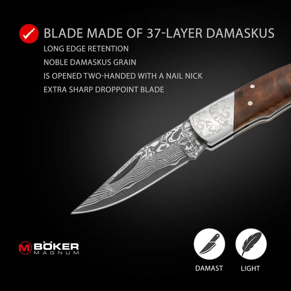 BOKER MAGNUM® 大马士革公爵口袋刀 2.44 英寸刀片木柄 - 01MB946DAM — 第 3/4 张图片