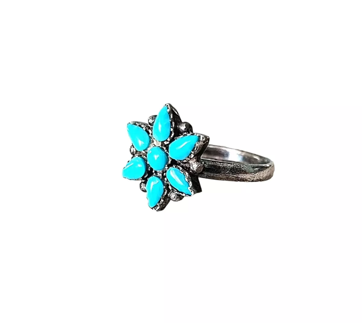 Old Pawn Sterling Silver Turquoise Flower Ring Native American