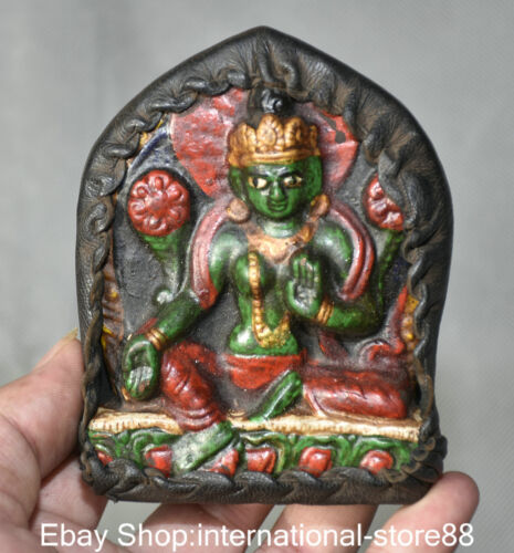 11CM Old Tibet incense Ashes Green Tara Enlightenment Goddess Shrines Tangka - Picture 1 of 6
